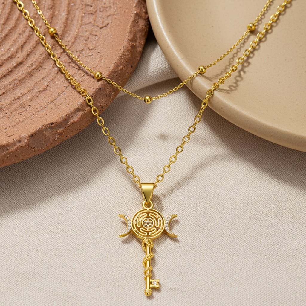 Colar Chave Dupla Camada Corrente Serpentina Dourada com Pendente de Chave